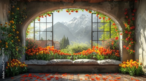  Window view of mountain range & flower bed in foreground