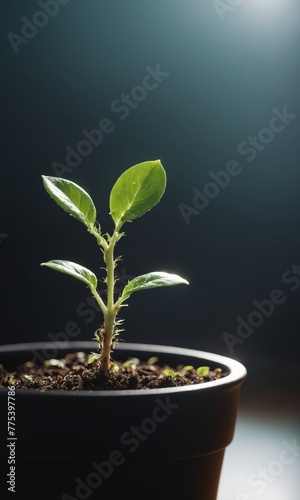 Young seedling in a pot on a dark background, selective focus