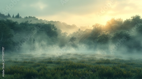  Foggy field with trees, grass & sun through clouds