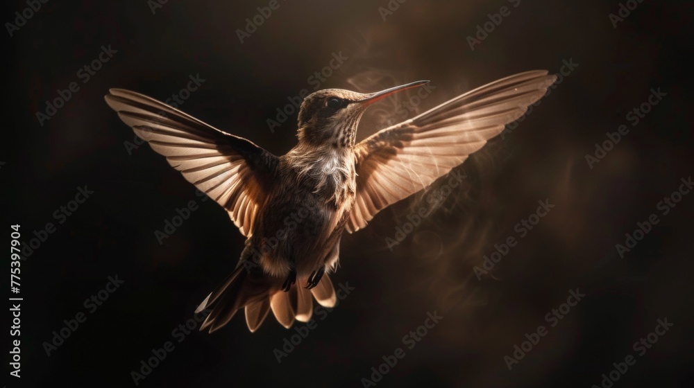 Fototapeta premium A hummingbird flying in the air with smoke coming out of its wings, AI