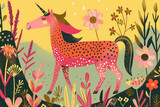 whimsical unicorn in polka dots wandering in a magical flower field
