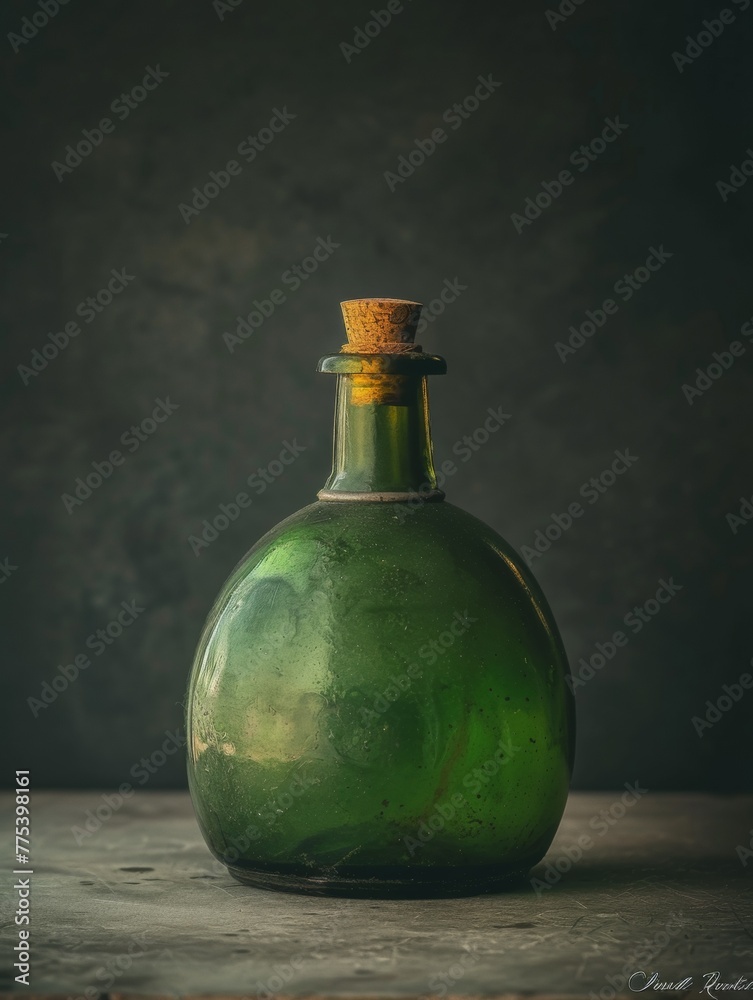A green bottle with a cork on top sitting in the middle of a table, AI A green bottle with a cork on top sitting in the middle of a table, AI