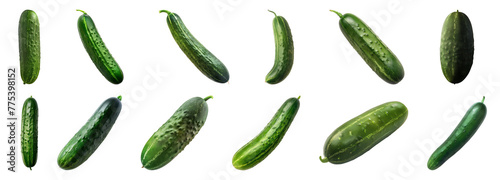 Fresh cucumbers in different orientations isolated cut out on transparent background photo