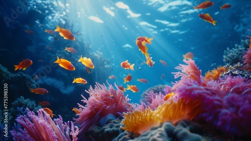 Vibrant coral reef in high res deep ocean scene, marine biodiversity underwater photography