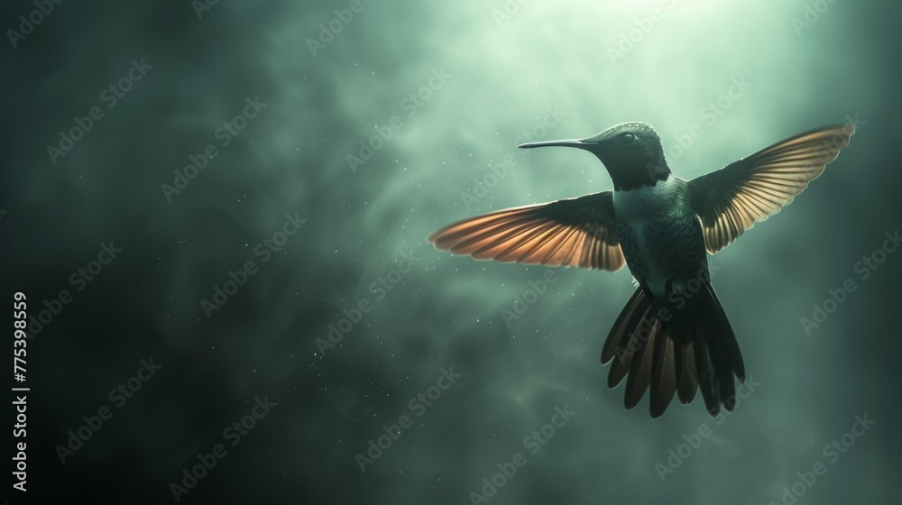 Fototapeta premium A hummingbird flying in the air with its wings spread, AI