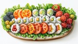A plate of sushi with fruit and vegetables on it, AI