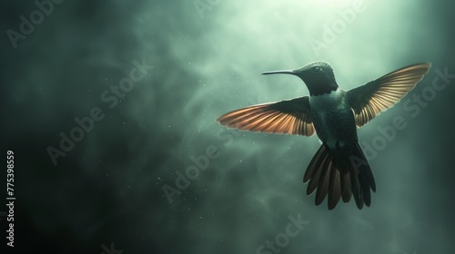 A hummingbird flying in the air with its wings spread, AI