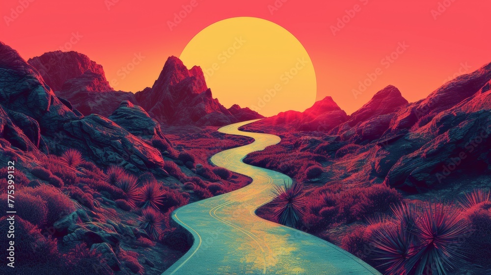 Fototapeta premium A picture of a road winding through the desert at sunset, AI