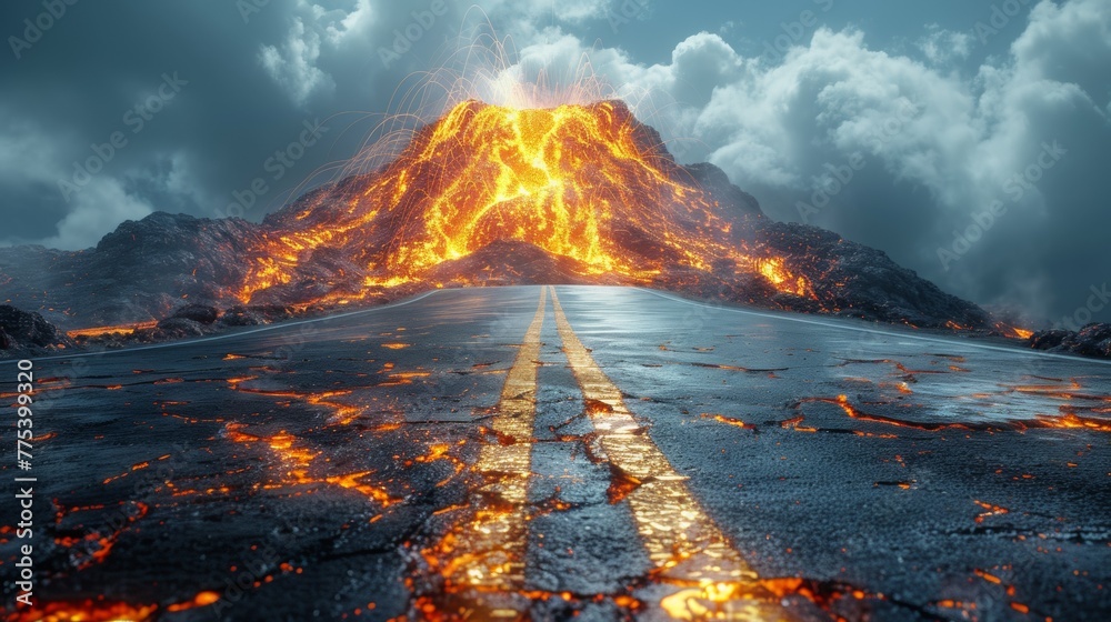 A road with lava flowing down it and a volcano in the background, AI
