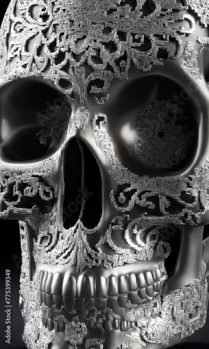 Mexican sugar skull with floral pattern on black background, closeup