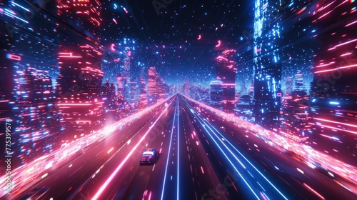 A city street with neon lights and cars driving down it, AI