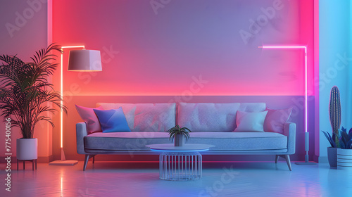 Living room with couch, table, lamp, and neon lights photo