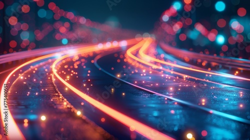 A blurry image of a street with lights on it, AI photo
