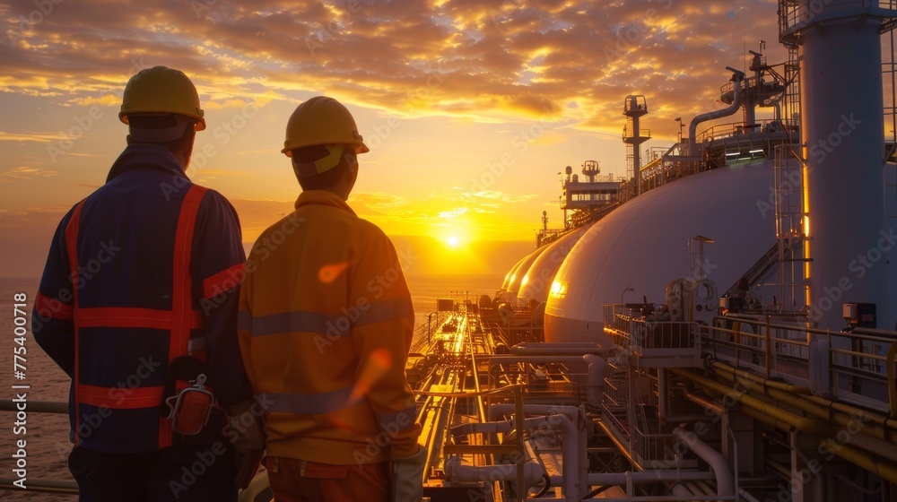 Industrial workers overseeing sunset loading operations at a maritime facility Industrial workers overseeing sunset loading operations at a maritime facility