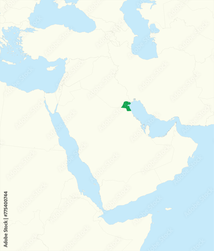 Green detailed blank political map of KUWAIT with black borders on beige continent background and blue sea surfaces using orthographic projection of the Middle East