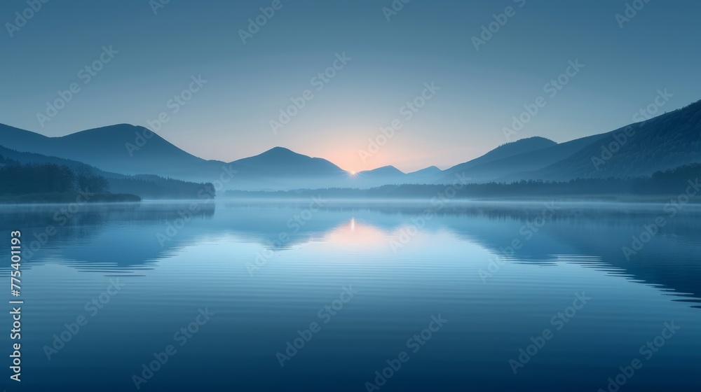  A lake surrounded by mountains with a sun setting at its center in the photo