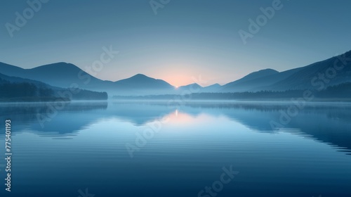  A lake surrounded by mountains with a sun setting at its center in the photo