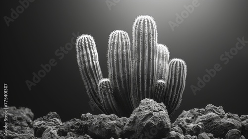  A monochrome image of a cactus amidst rocky landscape under a full moon