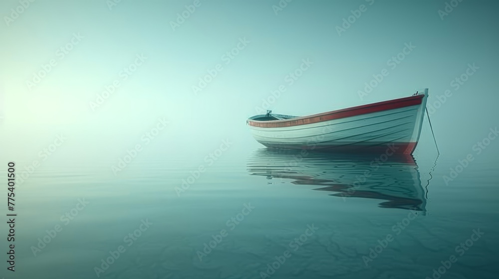 Naklejka premium A small boat floats on a body of water during a foggy day, with a person standing at its front