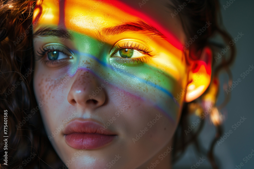 Young woman with LGBTQ flag shadow reflected on her face, close-up shot Young woman with LGBTQ flag shadow reflected on her face, close-up shot