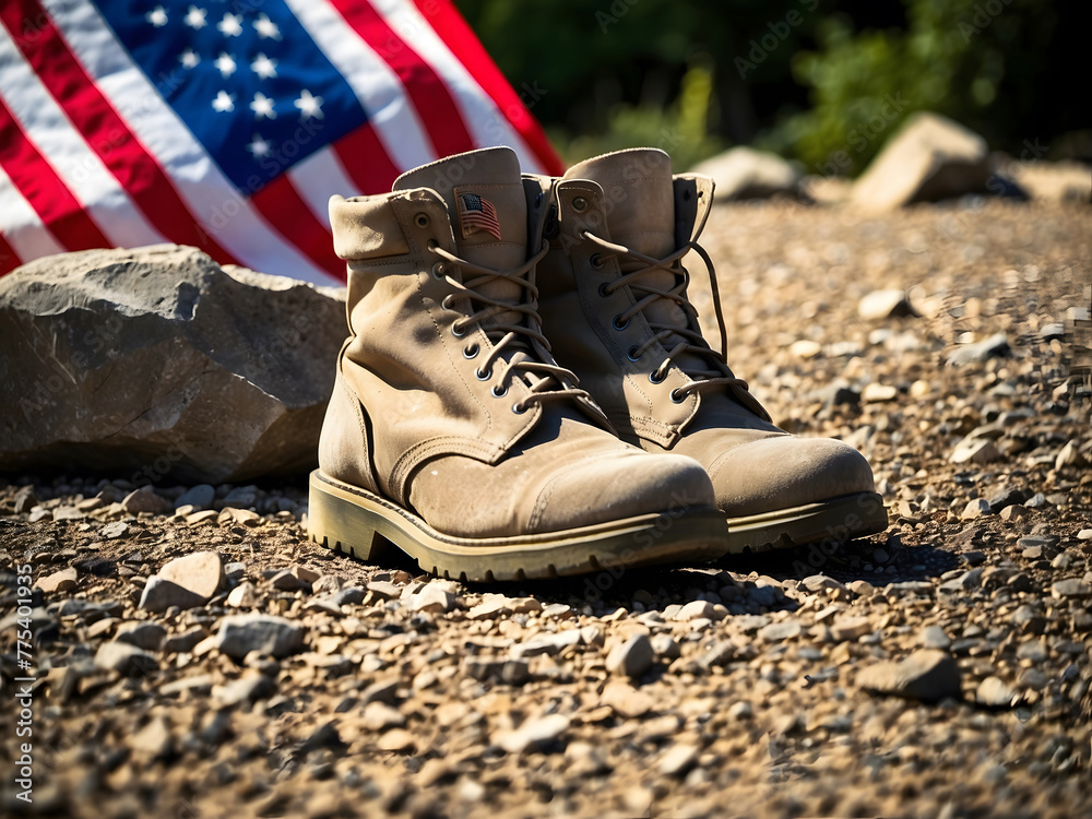 Old military combat boots with dog tags and two small American flags ...