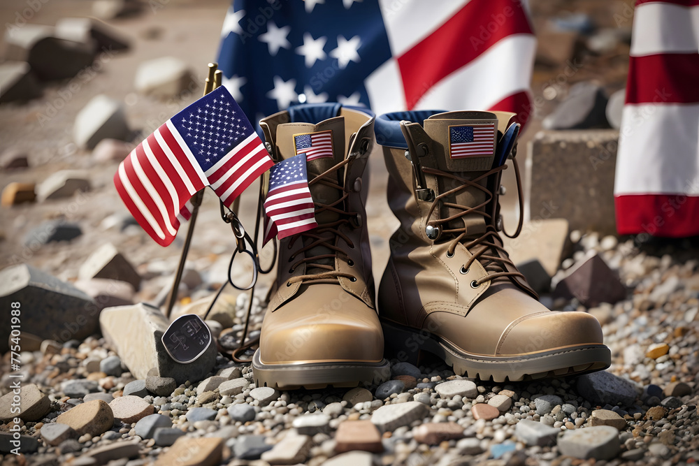 Old military combat boots with dog tags and two small American flags ...