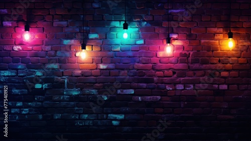 Old brick wall with hanging colorful light at night with copy space.