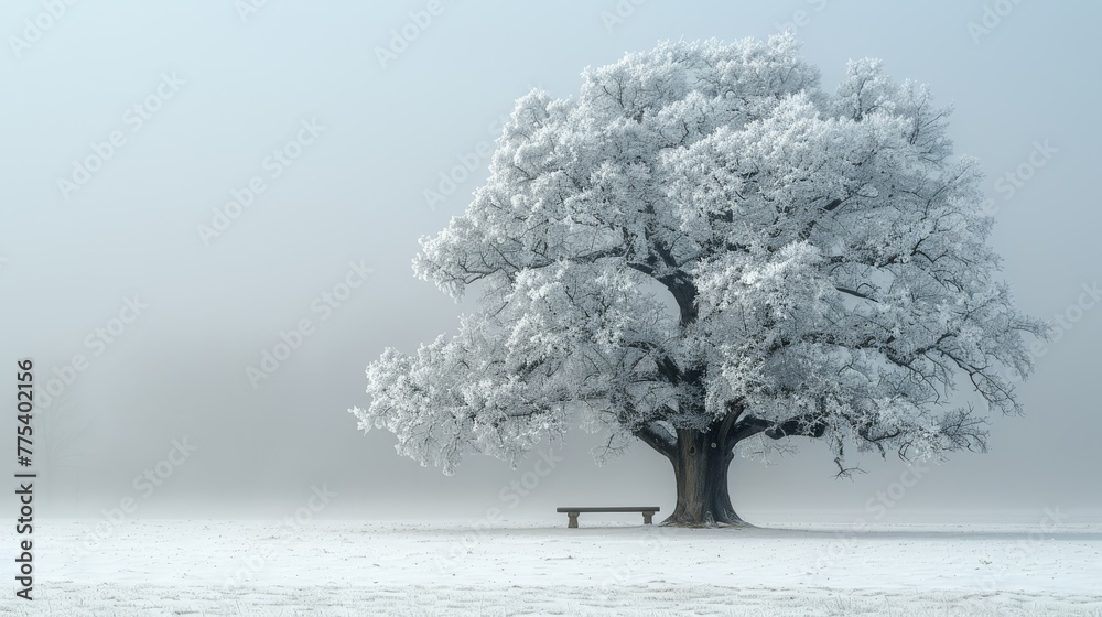 Fototapeta premium A large tree stands in the center of a snow-covered field, surrounded by misty clouds in the distance