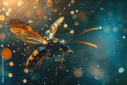 This stunning close-up captures a wasp in mid-flight with striking detail, set against a beautiful blue bokeh background accentuating its features photo