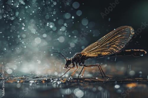 Close-up of a delicate mayfly standing on a wet surface as raindrops create a bokeh effect around it