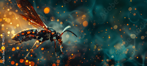 The captivating scene of a wasp flying, surrounded by a stunning sparkling bokeh effect creating a whimsical backdrop photo