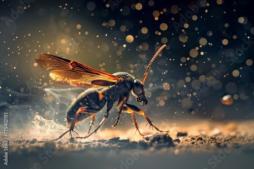 An intense macro photograph captures a insect with glistening water droplets in a dramatic lighting setup with a dark background © StockUp