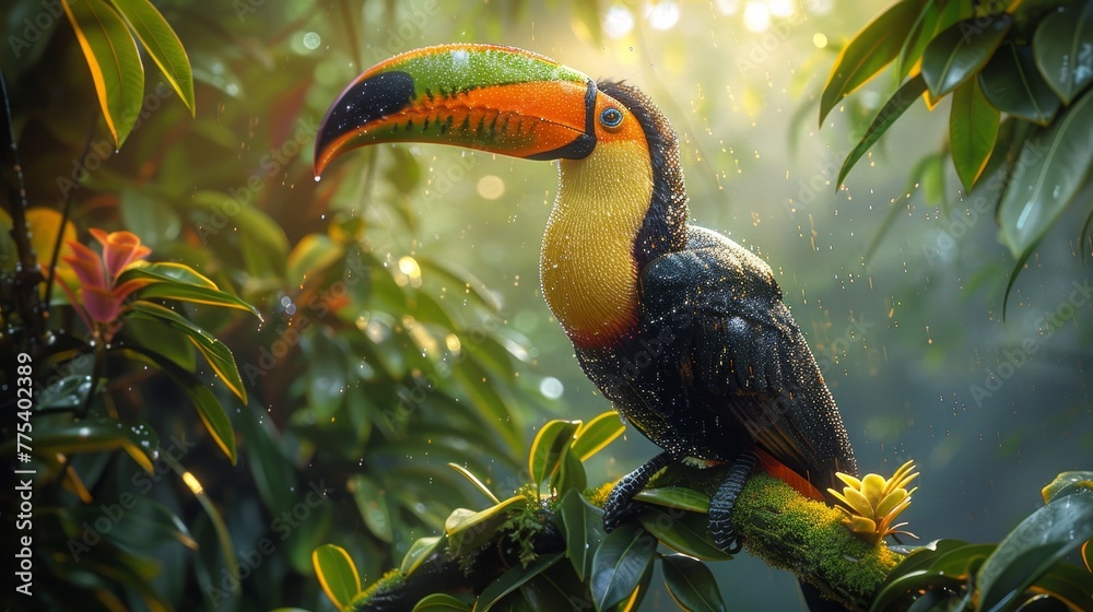 Naklejka premium Vivid amazon rainforest with toucan in high res wide angle shot of lush foliage and vibrant wildlife