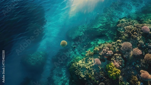 Aerial view of a vibrant coral reef and marine life in turquoise waters for World Oceans Day