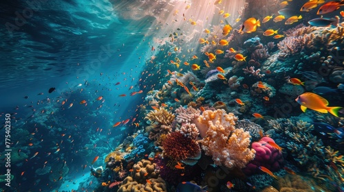 Sun-kissed, diverse coral reef with marine life, captured for World Oceans Day © cvetikmart