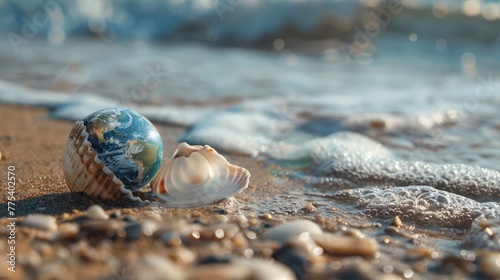 Up-close view of fragile seashell on shoreline at high tide, Earth globe symbolizes ocean ecosystem fragility, honoring World Oceans Day
