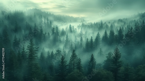  A forest filled with trees covered in fog and smog