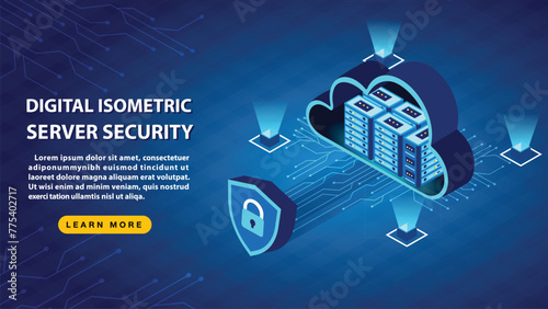 Digital Isometric Server Security and cloud technology on blue background.