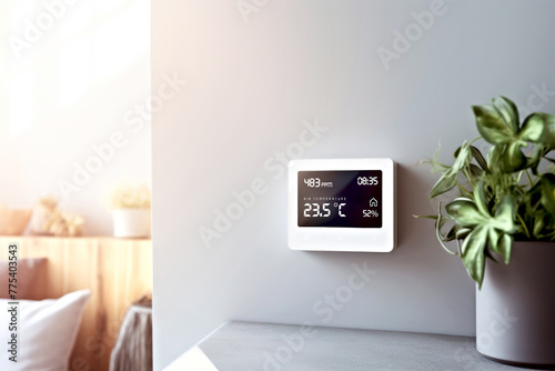 Smart air quality monitor displaying temperature, humidity, and CO2 levels beside a houseplant. Advanced home automation for improved everyday comfort and lifestyle