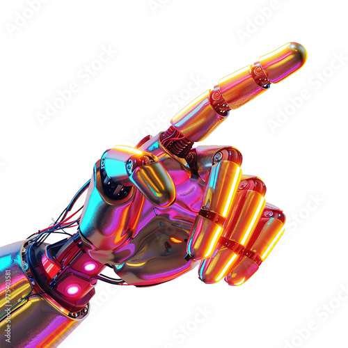 Neon cyborg hand finger pointing, technology of artificial intelligence on white background.