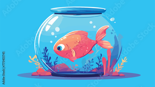 Aquarium with a small fish. A cartoon fish. Vector