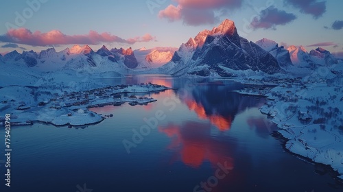  A lake encircled by snowy mntns beneath a azure sky, w/ a rosy sunset at its heart