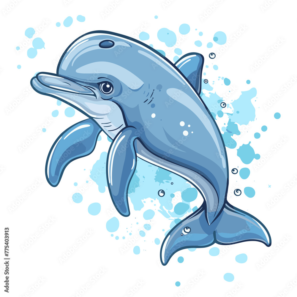 Obraz premium Cartoon dolphin on a white background with water splashes. Vector illustration