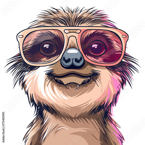A cute cartoon sloth wearing sunglasses and a smile. The sunglasses are pink and the sloth's eyes are closed © viklyaha