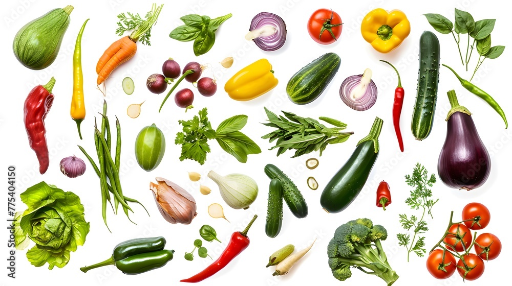 A vegetable mix is arranged neatly, isolated on a white background.