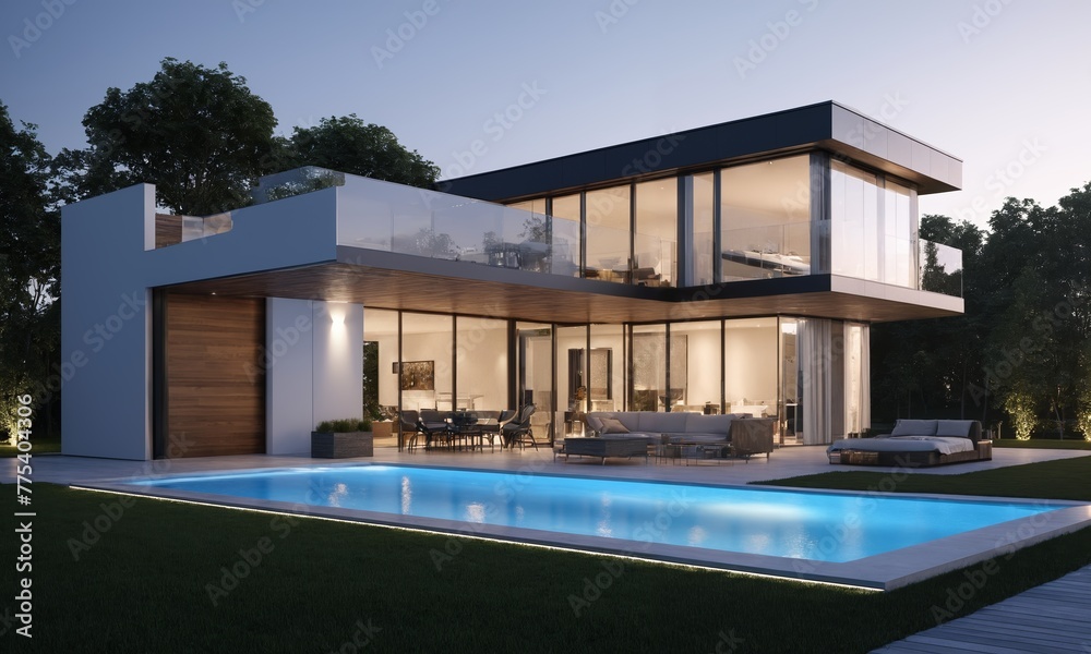 3d rendering of modern cozy house with pool and parking for sale or rent