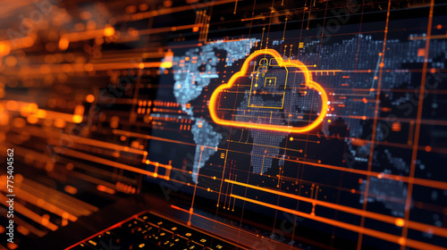 illustration of laptop with cyber security cloud with lock on screen - orange and black colors - computing concept photo