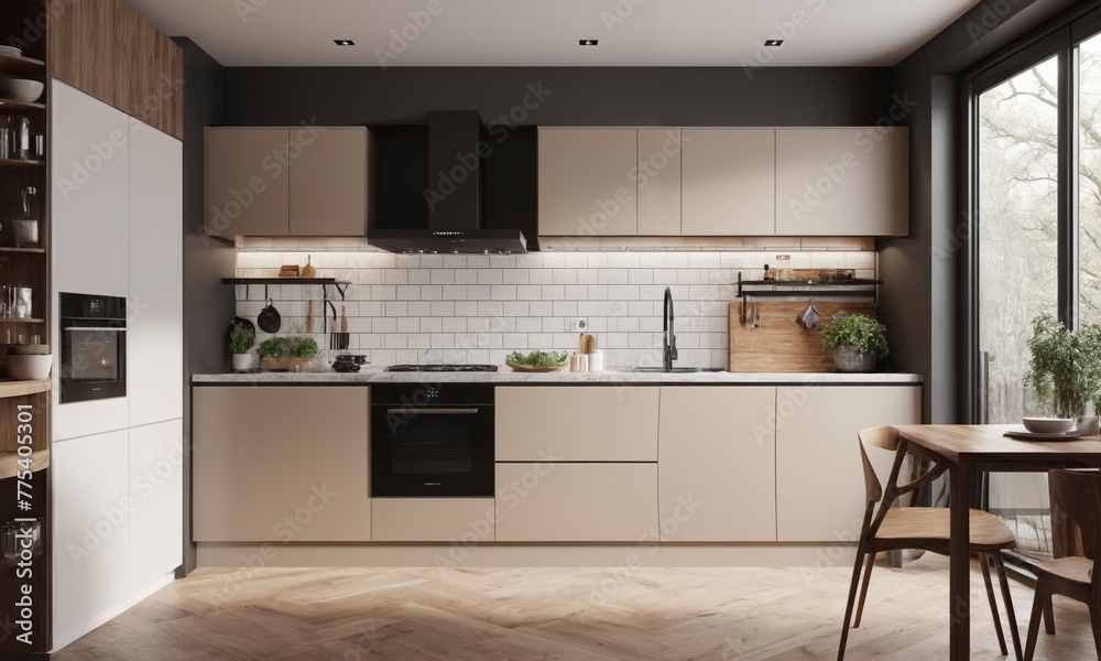 Fototapeta premium Interior of modern kitchen with white walls, wooden floor, white countertops and bar with stools. 3d rendering