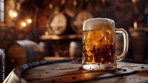 A mug of cold beer sits beside a wooden barrel on a table. photo