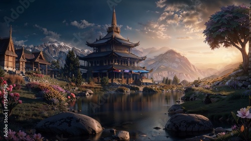 Beautiful panorama of the Buddhist temple in the mountains at sunset